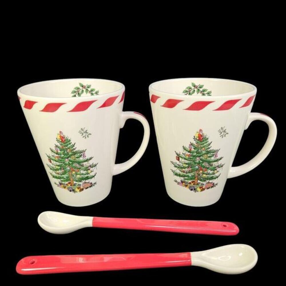 Spode Christmas Tree Conical Mugs Cup Peppermint Spoon Set 2 Coffee Cocoa READ